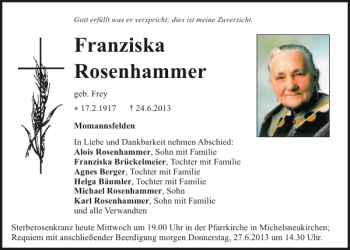 Traueranzeige von Momannsfelden Franziska Rosenhammer von Mittelbayerische Zeitung