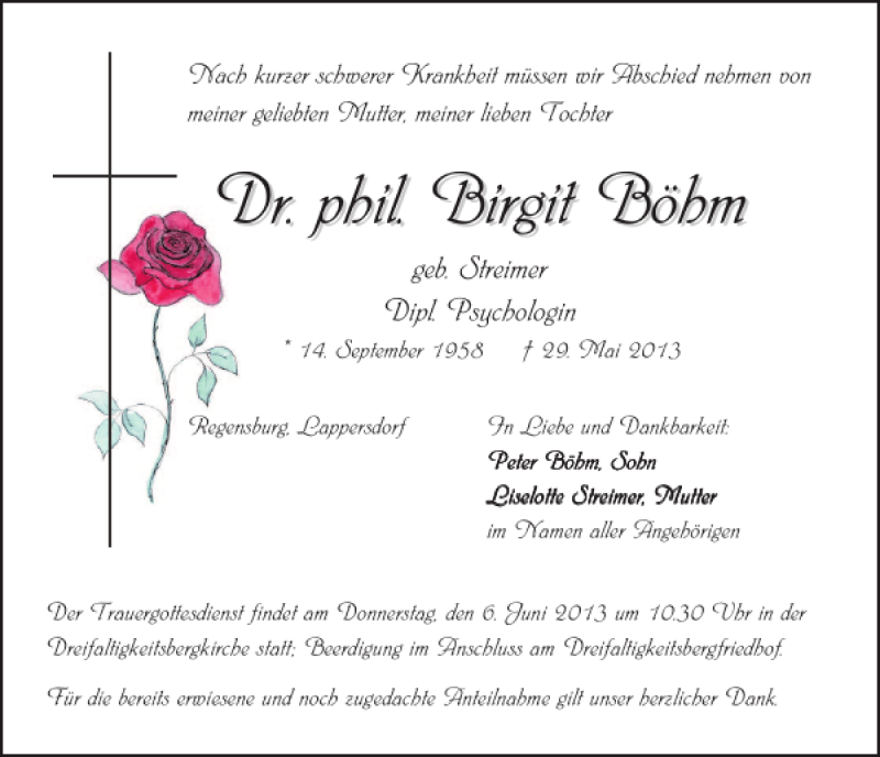  Traueranzeige für Regensburg Dr. phil. Birgit Böhm vom 01.06.2013 aus Mittelbayerische Zeitung