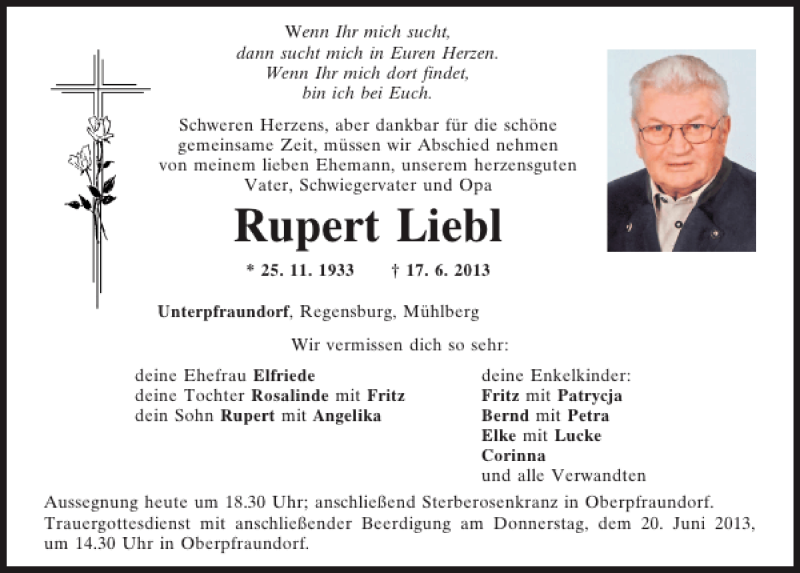  Traueranzeige für Rupert Liebl vom 19.06.2013 aus Mittelbayerische Zeitung