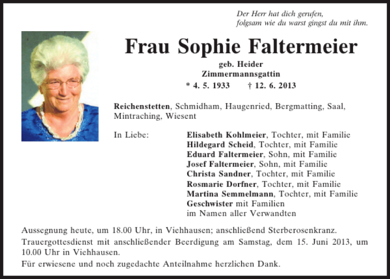  Traueranzeige für Sophie Faltermeier vom 14.06.2013 aus Mittelbayerische Zeitung