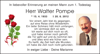 Traueranzeige von Walter Pompe von Mittelbayerische Zeitung