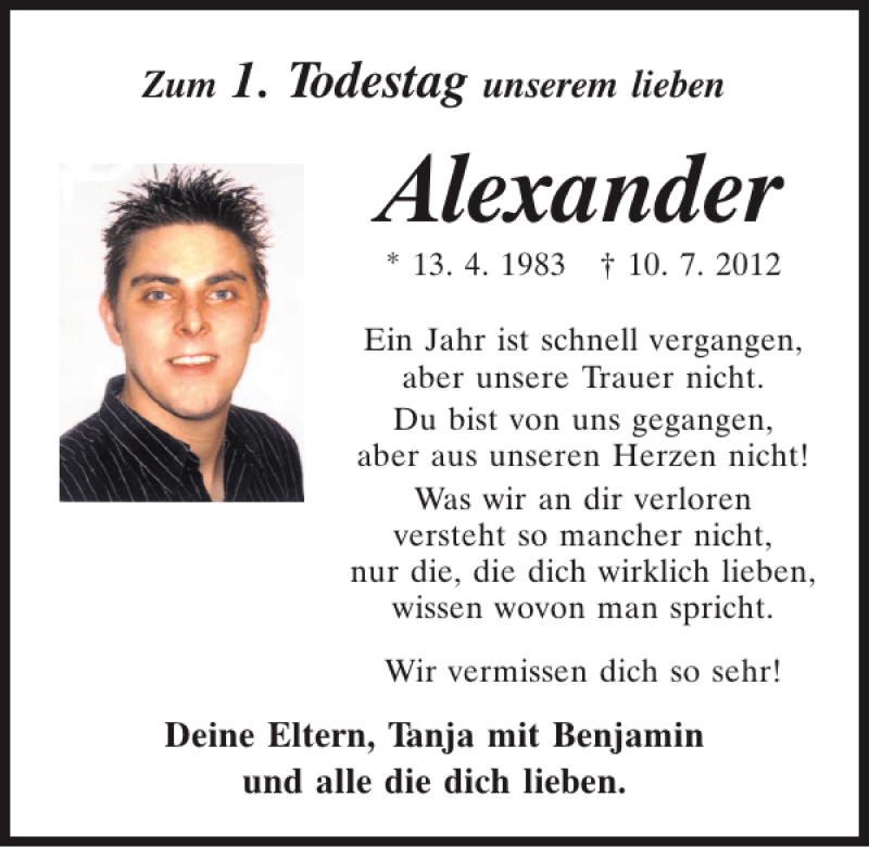  Traueranzeige für Alexander  vom 10.07.2013 aus Mittelbayerische Zeitung