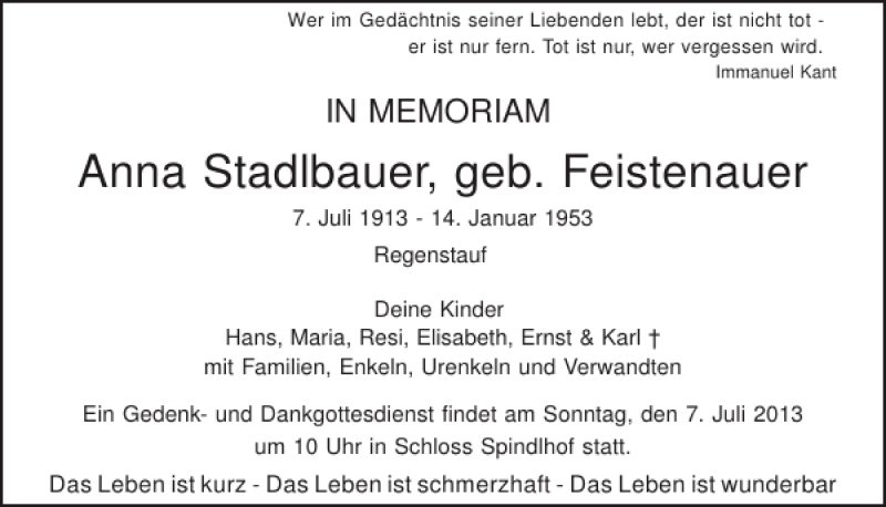  Traueranzeige für Anna Stadlbauer geb. Feistenauer vom 06.07.2013 aus Mittelbayerische Zeitung
