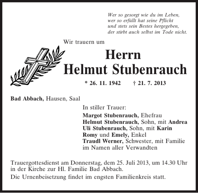  Traueranzeige für Bad Abbach Helmut Stubenrauch vom 23.07.2013 aus Mittelbayerische Zeitung