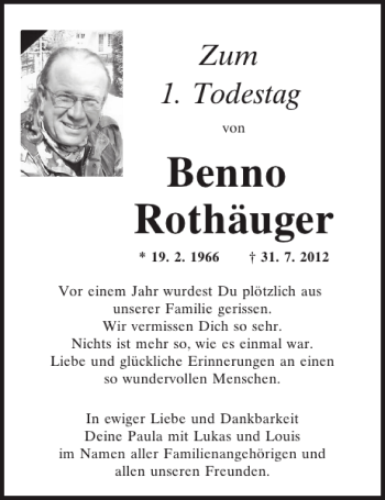 Traueranzeige von Benno Rothäuger von Mittelbayerische Zeitung