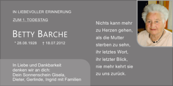 Traueranzeige von Betty Barche von Mittelbayerische Zeitung