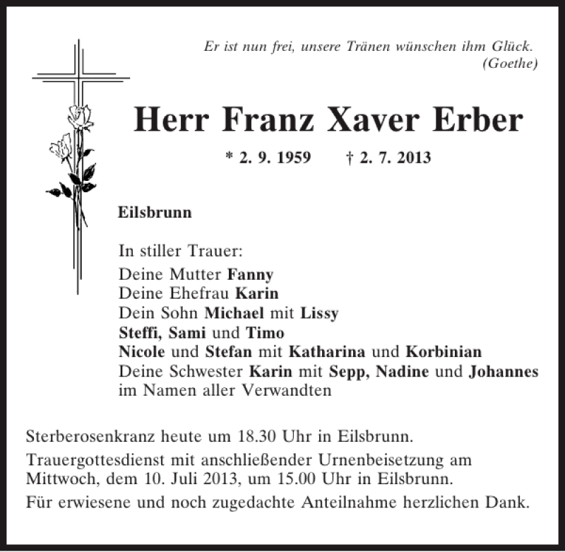  Traueranzeige für Eilsbrunn Franz Xaver Erber vom 06.07.2013 aus Mittelbayerische Zeitung