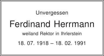 Traueranzeige von Ferdinand Herrmann von Mittelbayerische Zeitung
