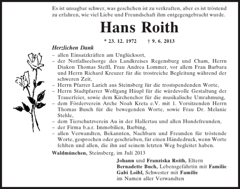  Traueranzeige für Hans Roith vom 06.07.2013 aus Mittelbayerische Zeitung
