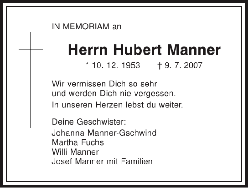  Traueranzeige für Hubert Manner vom 09.07.2013 aus Mittelbayerische Zeitung