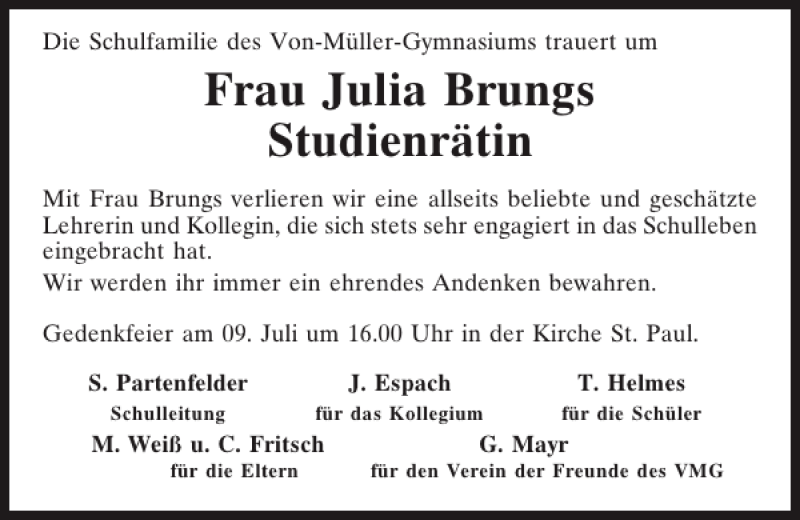  Traueranzeige für Julia Brungs vom 08.07.2013 aus Mittelbayerische Zeitung