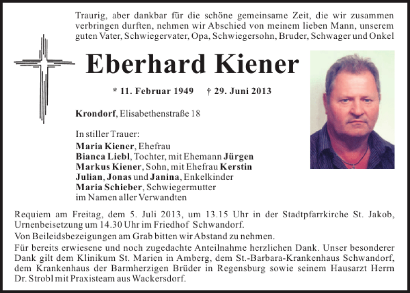  Traueranzeige für Krondorf Eberhard Kiener vom 02.07.2013 aus Mittelbayerische Zeitung