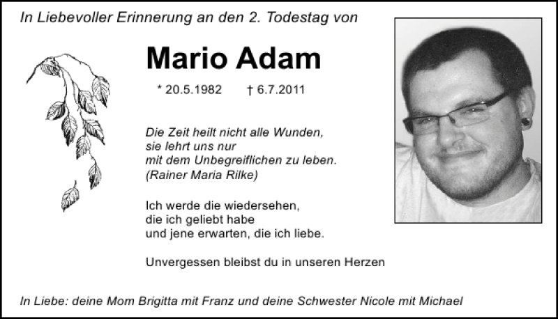  Traueranzeige für Mario Adam vom 06.07.2013 aus Mittelbayerische Zeitung