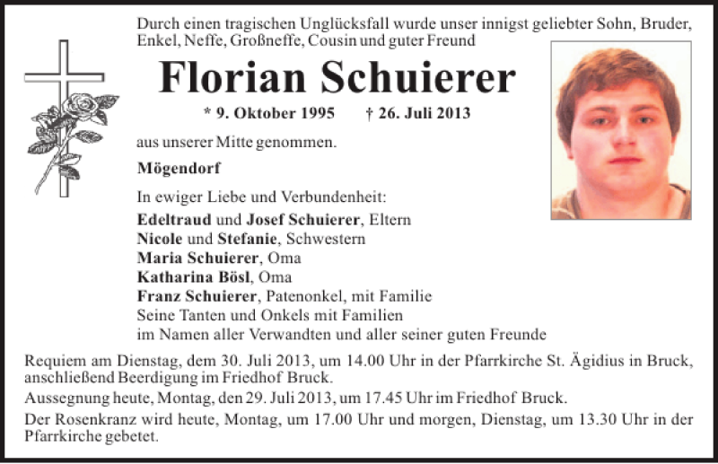  Traueranzeige für Florian  Schuierer vom 29.07.2013 aus Mittelbayerische Zeitung