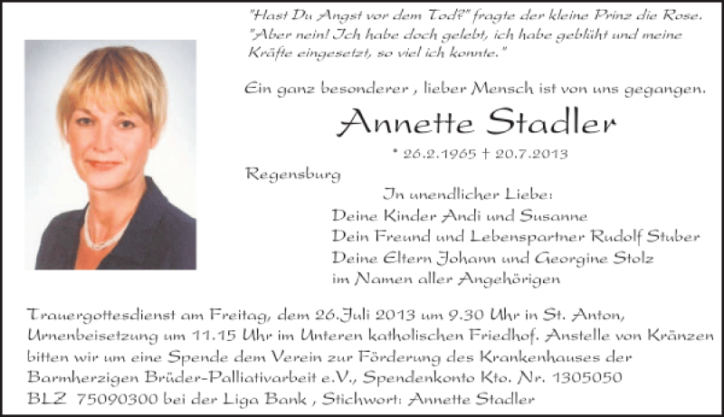  Traueranzeige für Annette  Stadler vom 23.07.2013 aus Mittelbayerische Zeitung