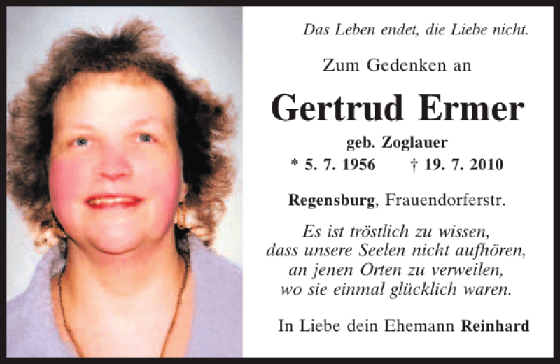  Traueranzeige für Regensburg Memorian Gertrud Ermer vom 19.07.2013 aus Mittelbayerische Zeitung