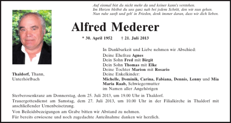  Traueranzeige für Thaldorf Alfred Mederer vom 24.07.2013 aus Mittelbayerische Zeitung