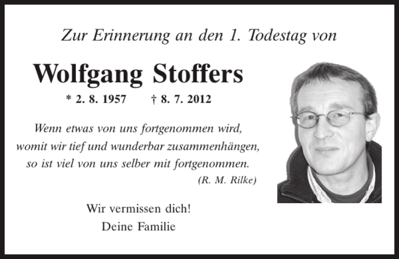  Traueranzeige für Wolfgang Stoffers vom 08.07.2013 aus Mittelbayerische Zeitung