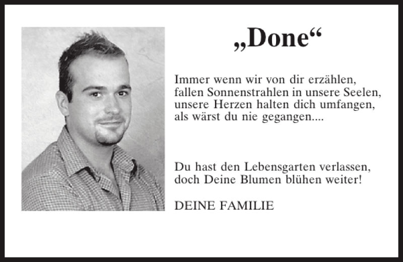  Traueranzeige für 'Done'  vom 28.08.2013 aus Mittelbayerische Zeitung