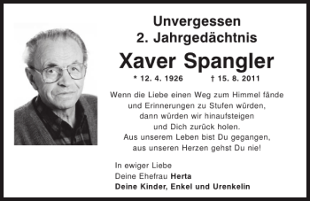 Traueranzeige von 2. Todestag Xaver Spangler von Mittelbayerische Zeitung