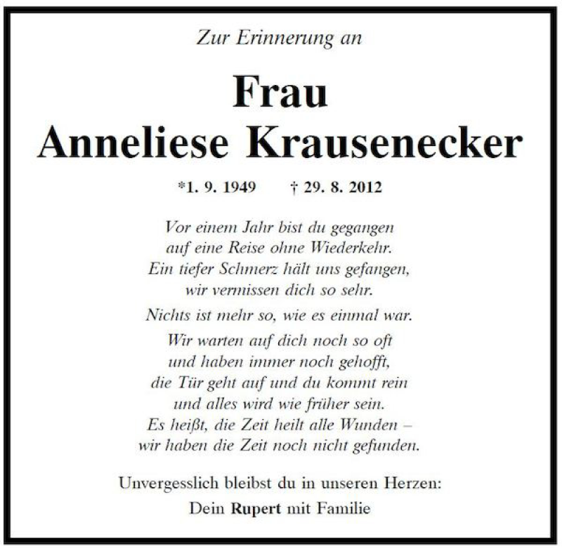  Traueranzeige für Anneliese Krausenecker vom 29.08.2013 aus Mittelbayerische Zeitung
