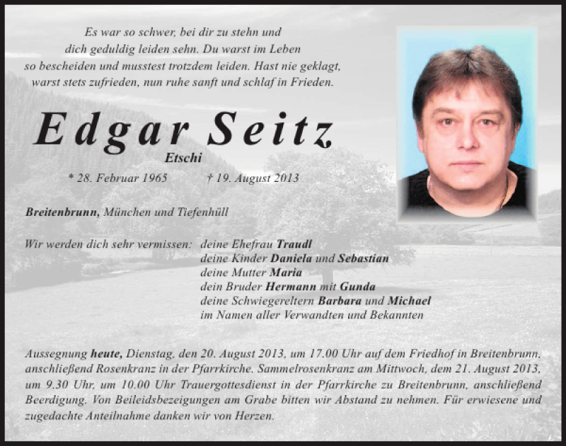  Traueranzeige für Edgar Setiz vom 20.08.2013 aus Mittelbayerische Zeitung