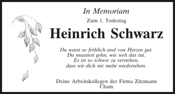 Traueranzeige von Heinrich Schwarz von Mittelbayerische Zeitung