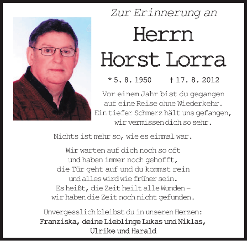  Traueranzeige für Horst Lorra vom 17.08.2013 aus Mittelbayerische Zeitung