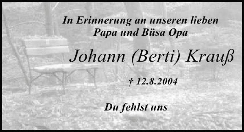  Traueranzeige für Johann Krauß vom 12.08.2013 aus Mittelbayerische Zeitung