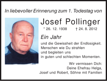 Traueranzeige von Josef Pollinger von Mittelbayerische Zeitung