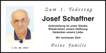 Traueranzeige von Josef Schaffner von Mittelbayerische Zeitung