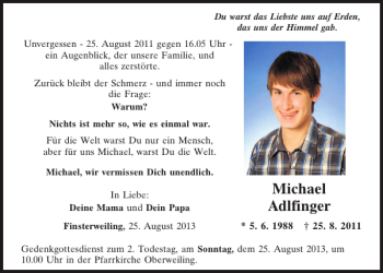 Traueranzeige von Memorian Michael Adlfinger von Mittelbayerische Zeitung