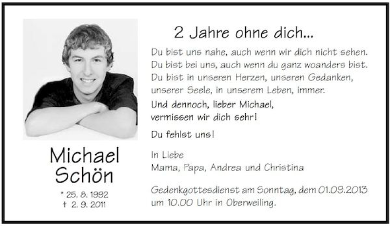  Traueranzeige für Michael Schön vom 31.08.2013 aus Mittelbayerische Zeitung
