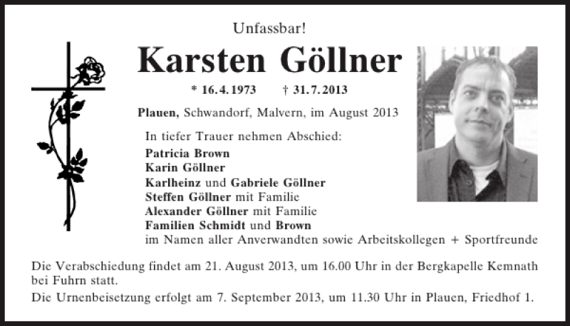  Traueranzeige für Plauen Karsten Göllner vom 17.08.2013 aus Mittelbayerische Zeitung
