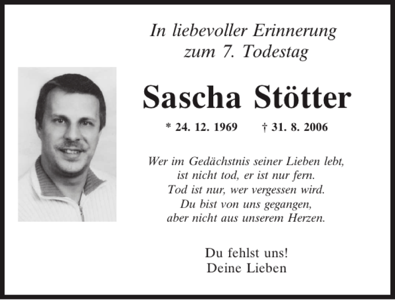  Traueranzeige für Sascha Stötter vom 31.08.2013 aus Mittelbayerische Zeitung