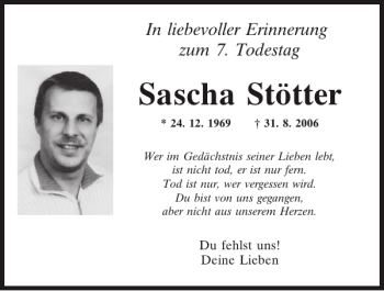 Traueranzeige von Sascha Stötter von Mittelbayerische Zeitung