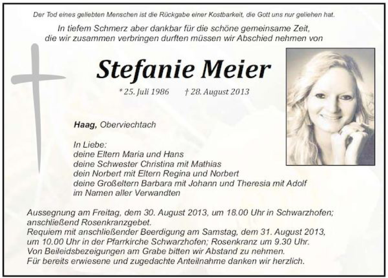  Traueranzeige für Stefanie Meier vom 29.08.2013 aus Mittelbayerische Zeitung