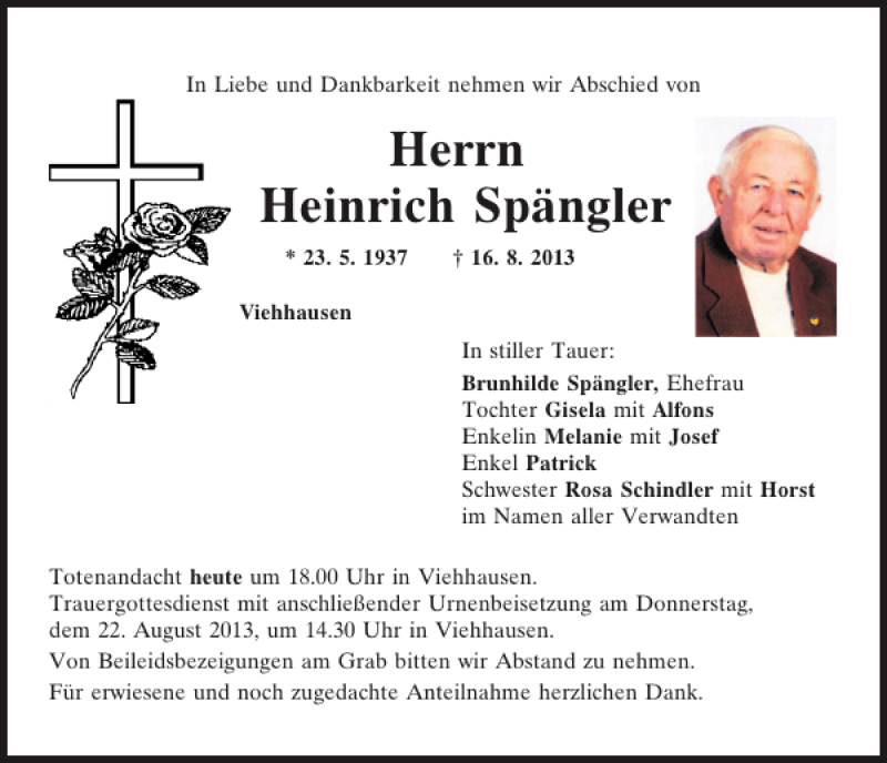  Traueranzeige für Viehhausen Heinrich Spängler vom 20.08.2013 aus Mittelbayerische Zeitung