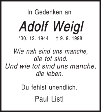 Traueranzeige von Adolf Weigl von Mittelbayerische Zeitung