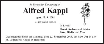 Traueranzeige von Alfred Kappl von Mittelbayerische Zeitung