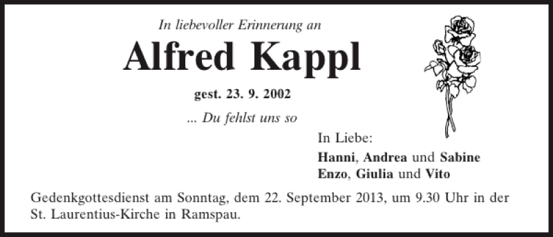  Traueranzeige für Alfred Kappl vom 21.09.2013 aus Mittelbayerische Zeitung