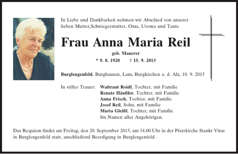  Traueranzeige für Burglengenfeld Anna Maria Reil vom 18.09.2013 aus Mittelbayerische Zeitung
