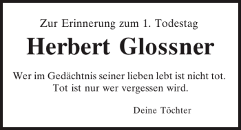 Traueranzeige von Herbert Glossner von Mittelbayerische Zeitung