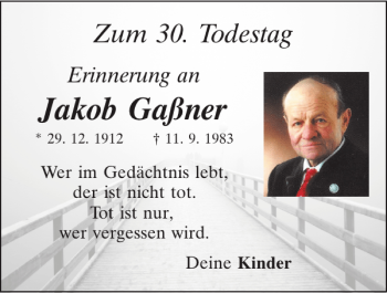 Traueranzeige von Jakob Gaßner von Mittelbayerische Zeitung