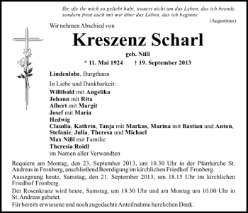 Traueranzeige von Lindenlohe Kreszenz Scharl von Mittelbayerische Zeitung
