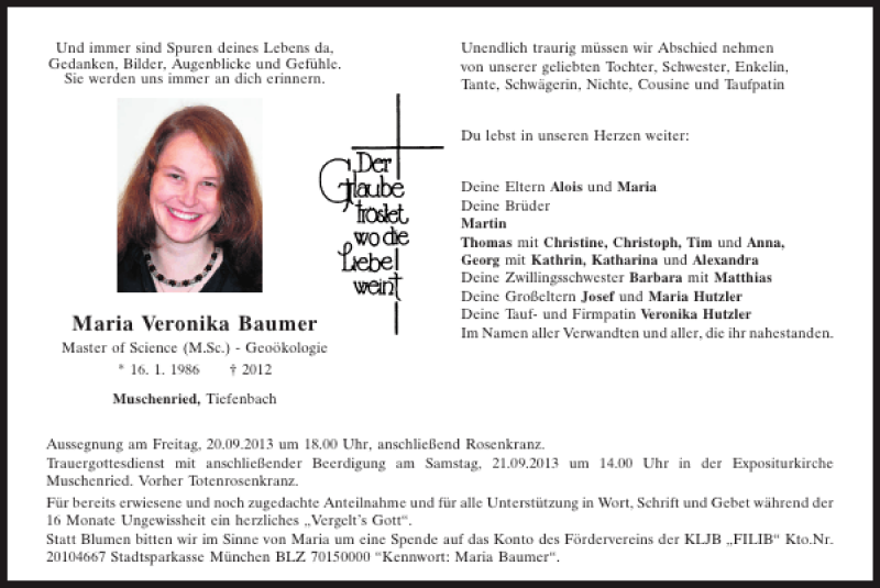  Traueranzeige für Maria Veronika Baumer vom 19.09.2013 aus Mittelbayerische Zeitung