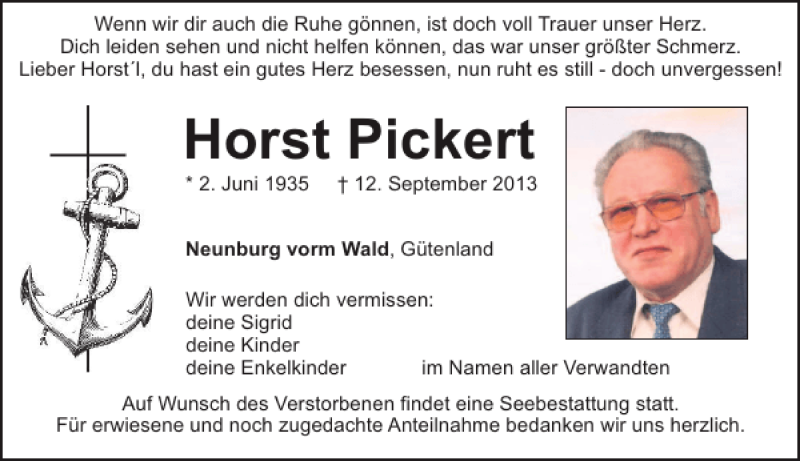  Traueranzeige für Neunburg v. Wald Horst Pickert vom 14.09.2013 aus Mittelbayerische Zeitung