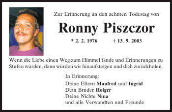 Traueranzeige von Ronny Piszczor von Mittelbayerische Zeitung