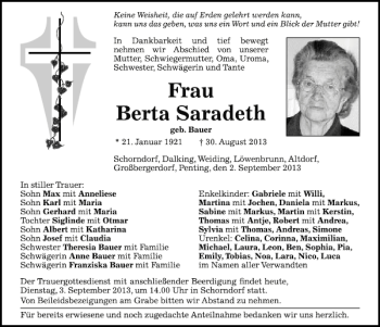 Traueranzeige von Schorndorf Berta Saradeth von Mittelbayerische Zeitung