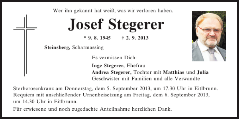  Traueranzeige für Steinsberg Josef Stegerer vom 04.09.2013 aus Mittelbayerische Zeitung